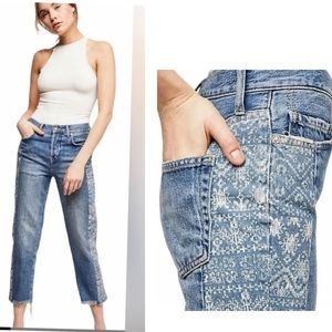 Free People Tribal Aztec Panel Raw Hem Boyfriend Jeans Button Fly Size: 26